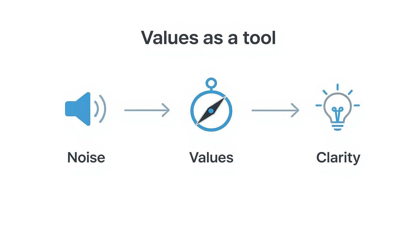 A diagram illustrates how values, symbolized by a compass, transform noise into clarity, represented by a lightbulb.