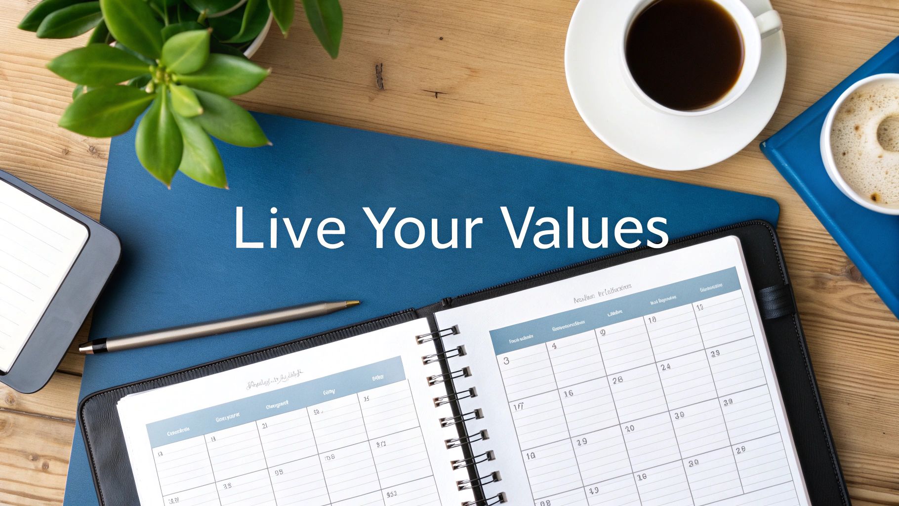A professional flat lay of a desk with a planner, pen, coffee, and a plant, displaying 'Live Your Values'.