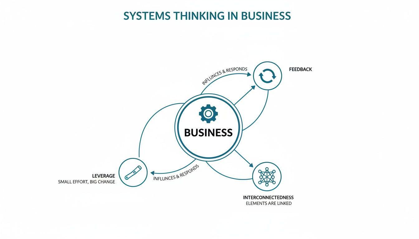 A diagram illustrating key concepts of systems thinking in business, including feedback, leverage, and interconnectedness.