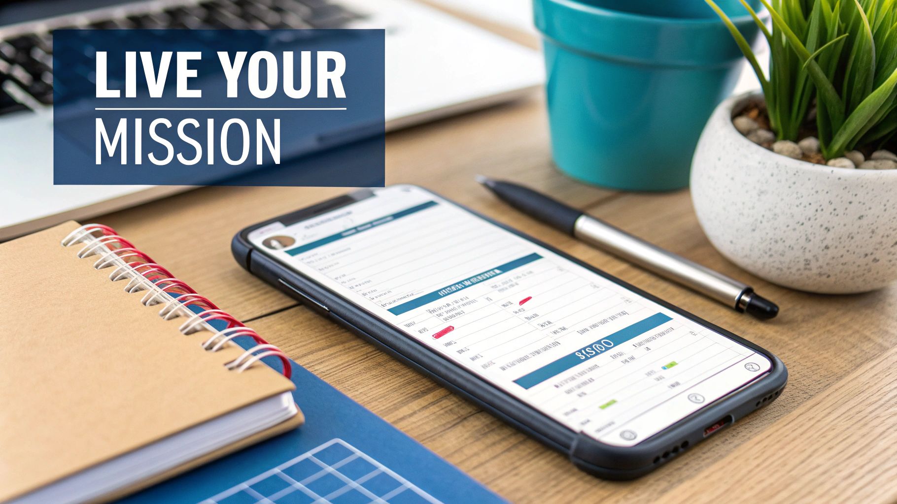 A desk setup featuring a smartphone displaying data, a notebook, pen, and plants, with text 'LIVE YOUR MISSION'.