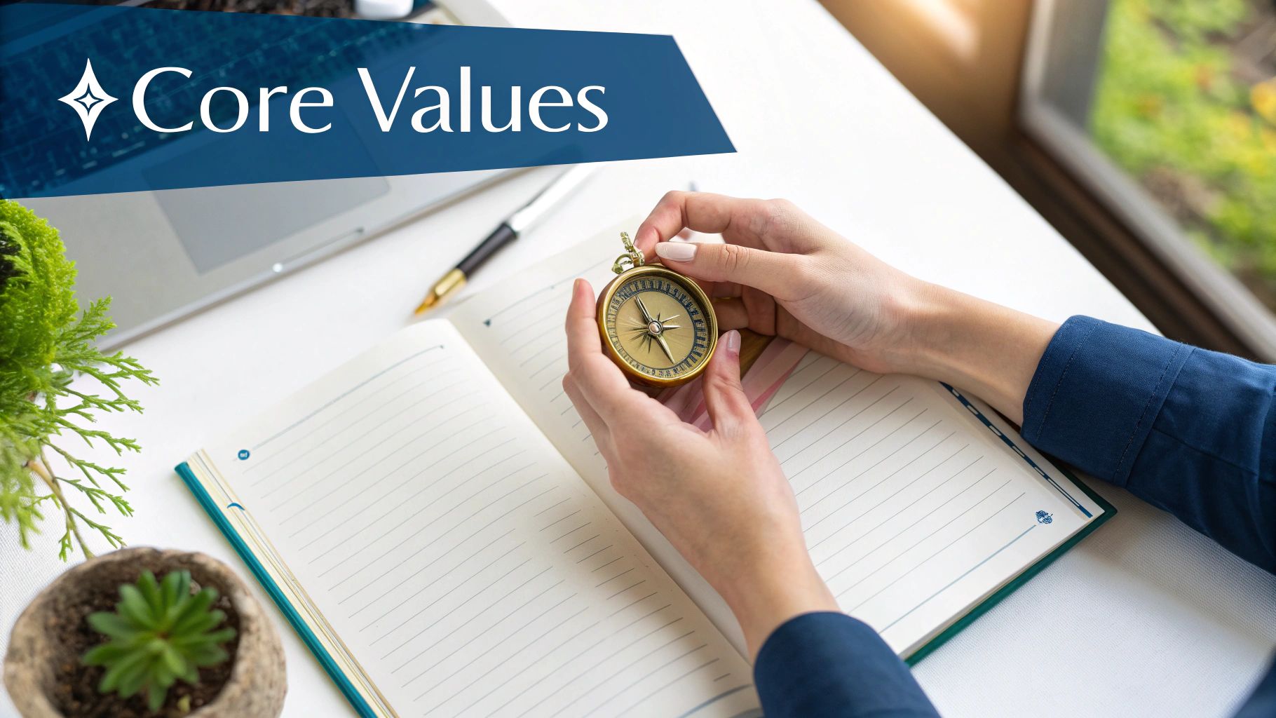Hands holding a golden compass over an open notebook on a desk with a 'Core Values' banner.