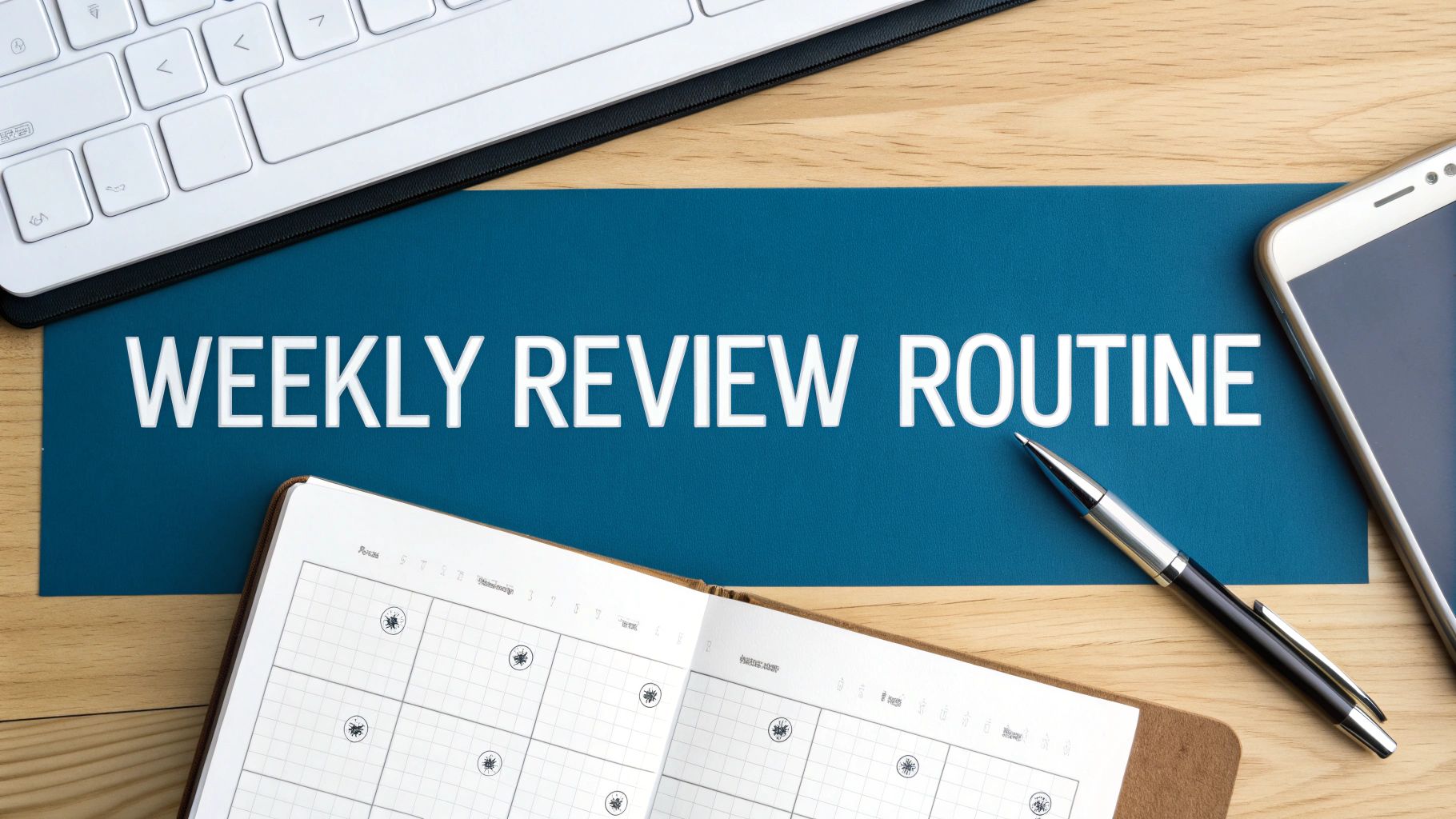 A flat lay of a desk with a blue banner displaying 'WEEKLE REVIEW ROUTINE' and productivity tools.