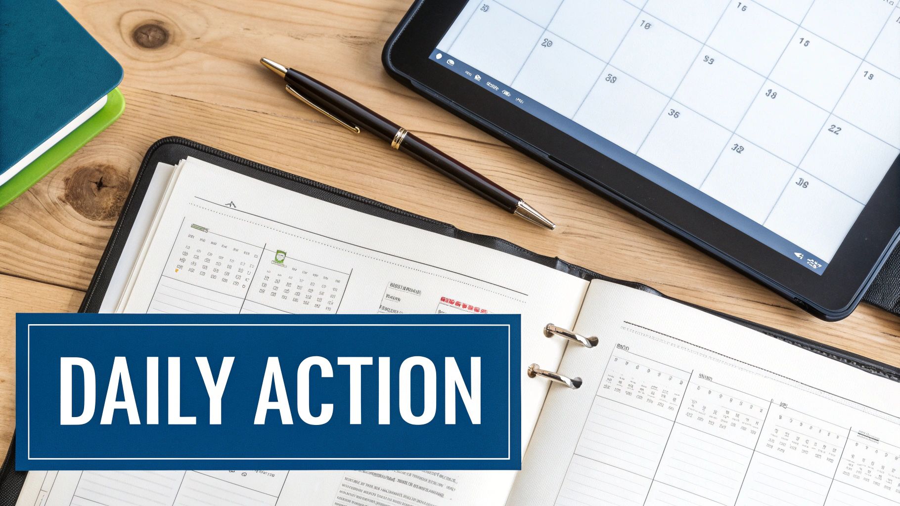Daily Action banner over a desk with a planner, pen, tablet calendar, and notebooks.
