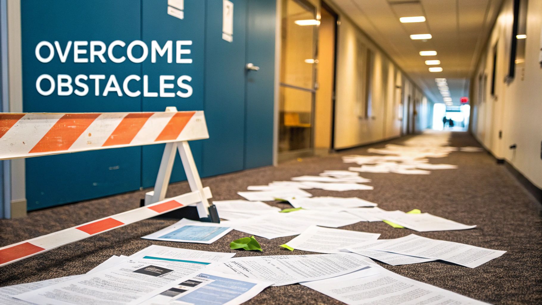 A person standing at a crossroads with multiple signs, symbolizing the challenge of navigating productivity roadblocks.