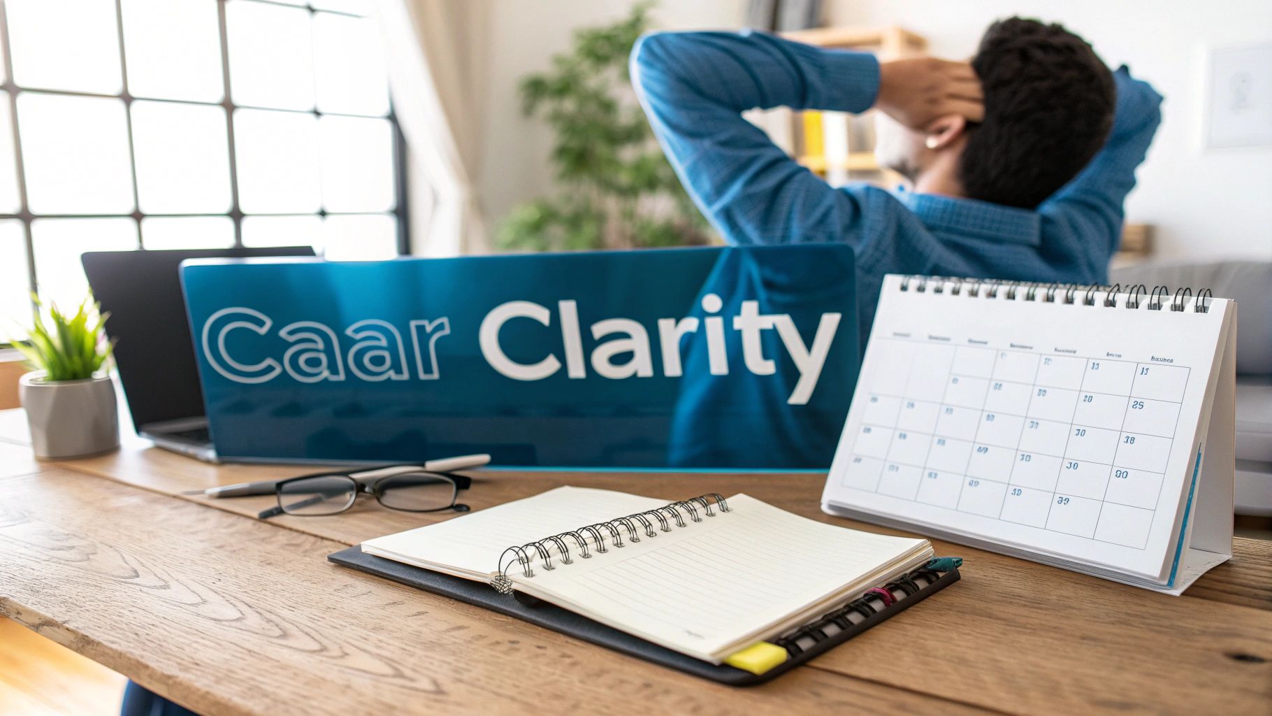 A person relaxes at a desk with a 'Caar Clarity' sign, laptop, calendar, and notebook.