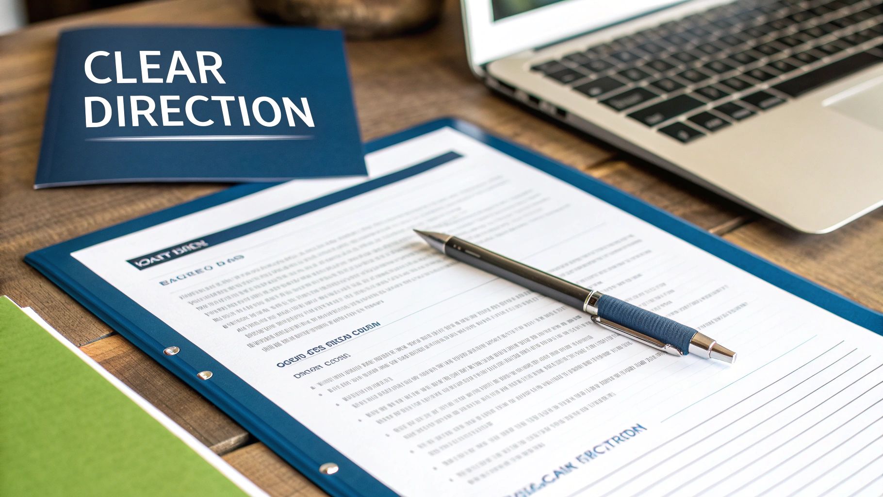 A document titled "CLEAR DIRECTION" on a blue folder, with a pen and laptop on a wooden desk.