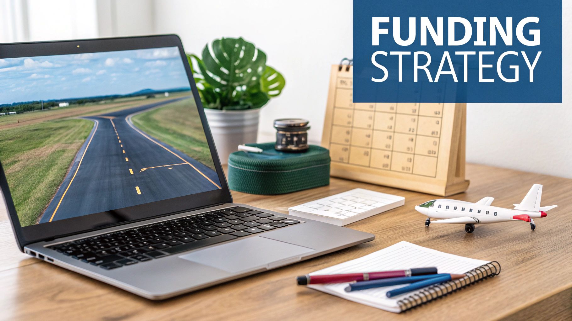 A desk setup with a laptop displaying a runway, a calendar, a model airplane, and 'FUNDING STRATEGY' text.