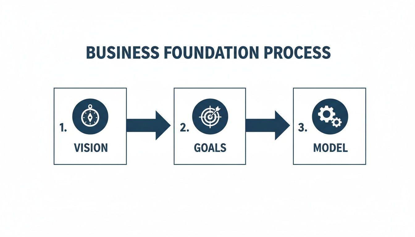 Business foundation process diagram showing three steps: Vision (compass), Goals (target), and Model (gears).