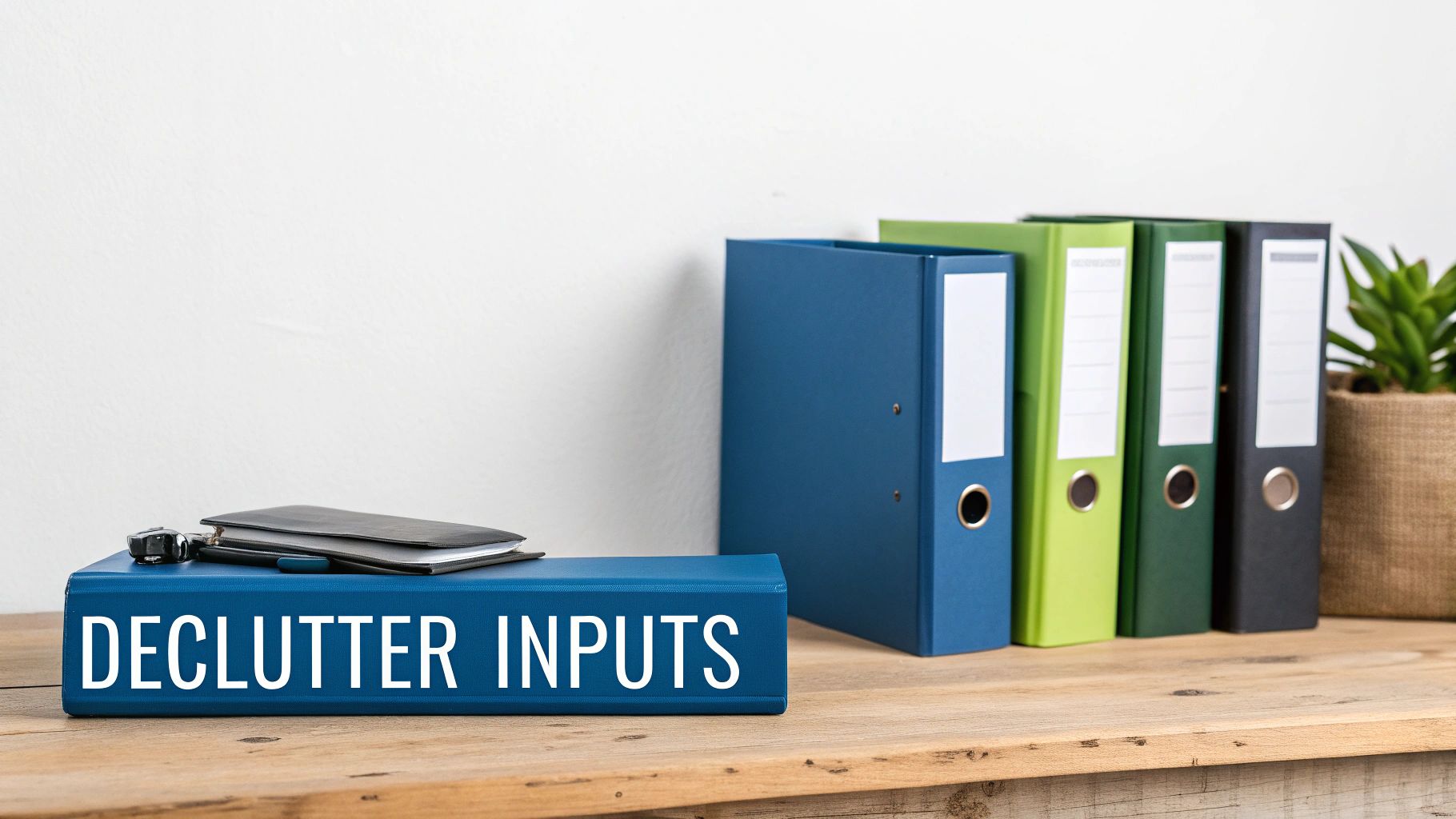 An organized, minimalist desk with a laptop, notebook, and plant, symbolizing a clear mind.