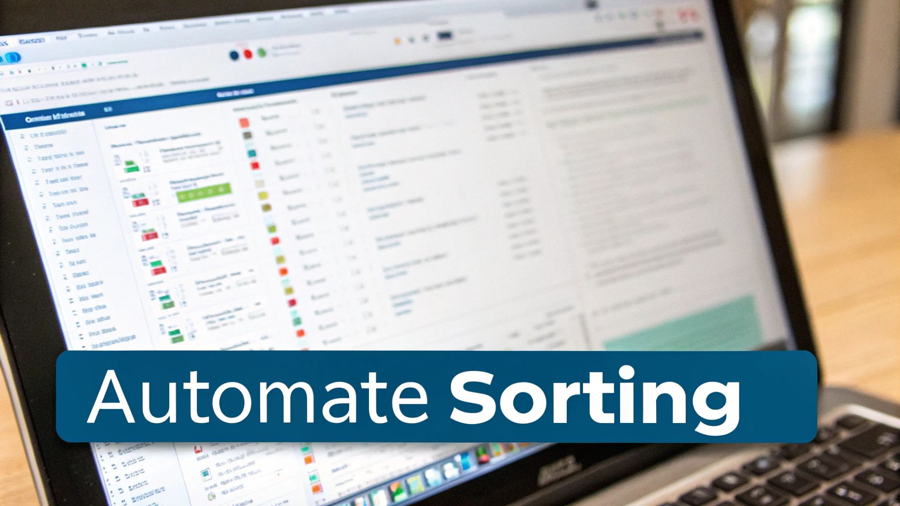 A laptop screen displaying data management software with an 'Automate Sorting' banner.