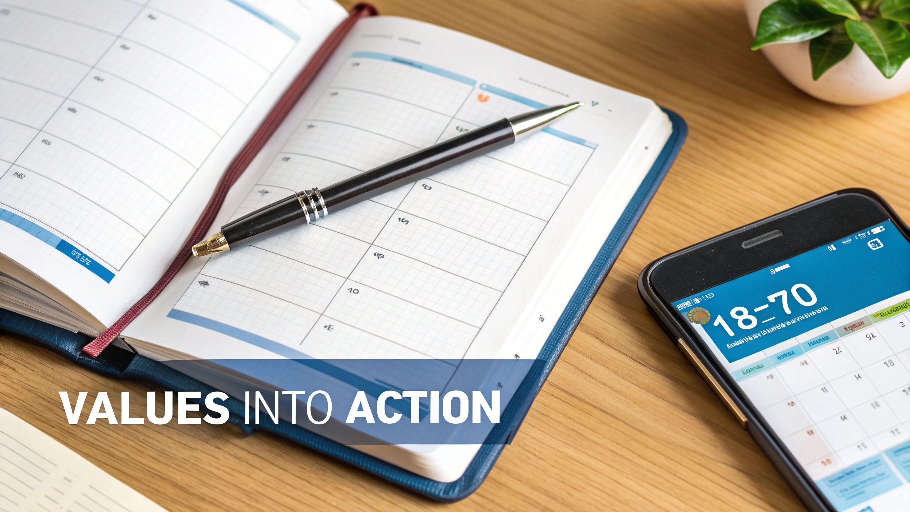 An open planner with a pen and a smartphone showing a calendar on a wooden desk, symbolizing organization.