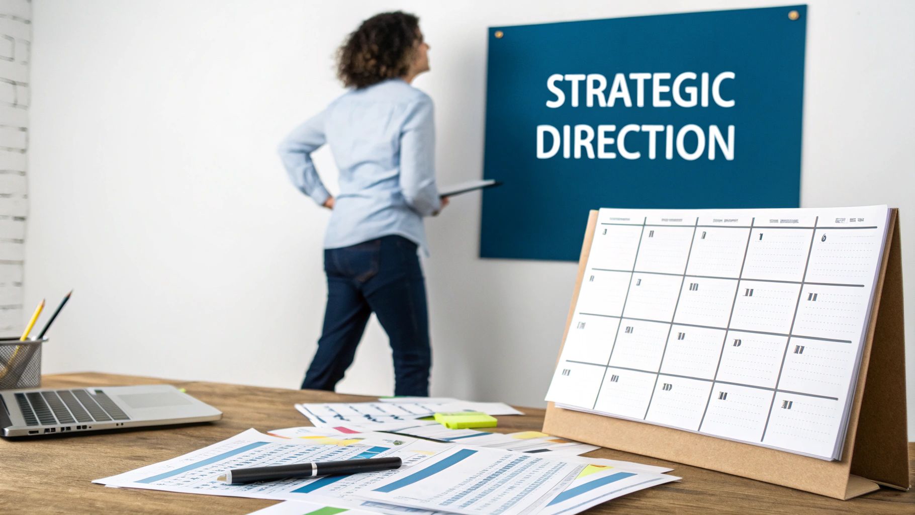 A person views a 'Strategic Direction' board, with a desk calendar and business documents in the foreground, suggesting business planning.