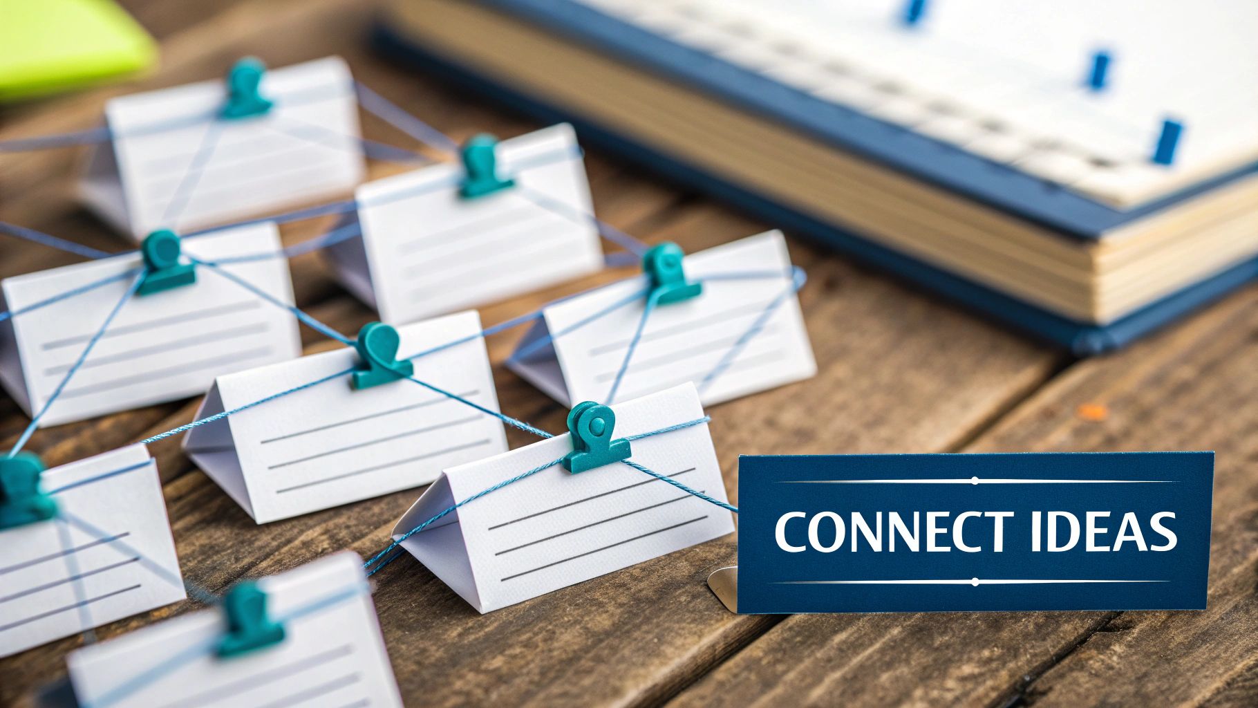 White paper notes connected by blue string with teal clips on a wooden desk, emphasizing 'CONNECT IDEAS'.