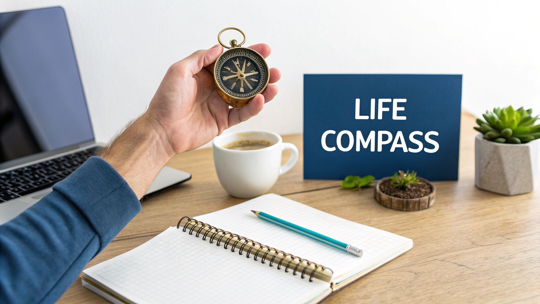Person holding vintage compass at desk with Life Compass sign and notebook for guidance