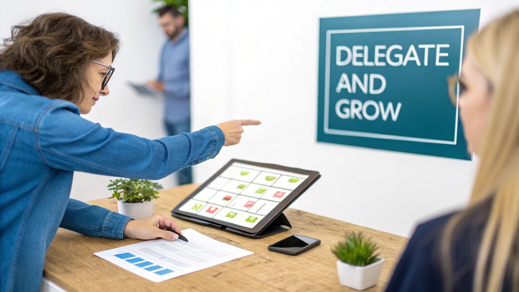 Woman points at a 'Delegate and Grow' sign, discussing business strategy with a colleague.