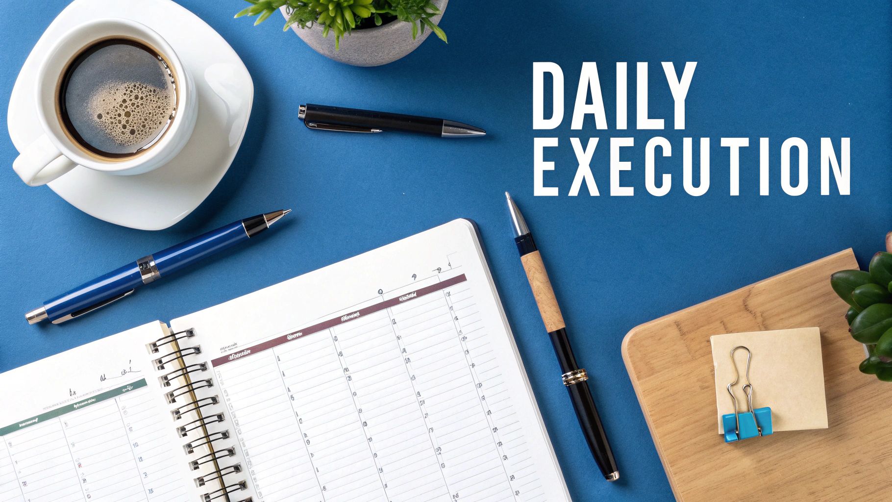 A person at a well-organized desk with a planner, coffee, and laptop, representing a focused daily workflow.
