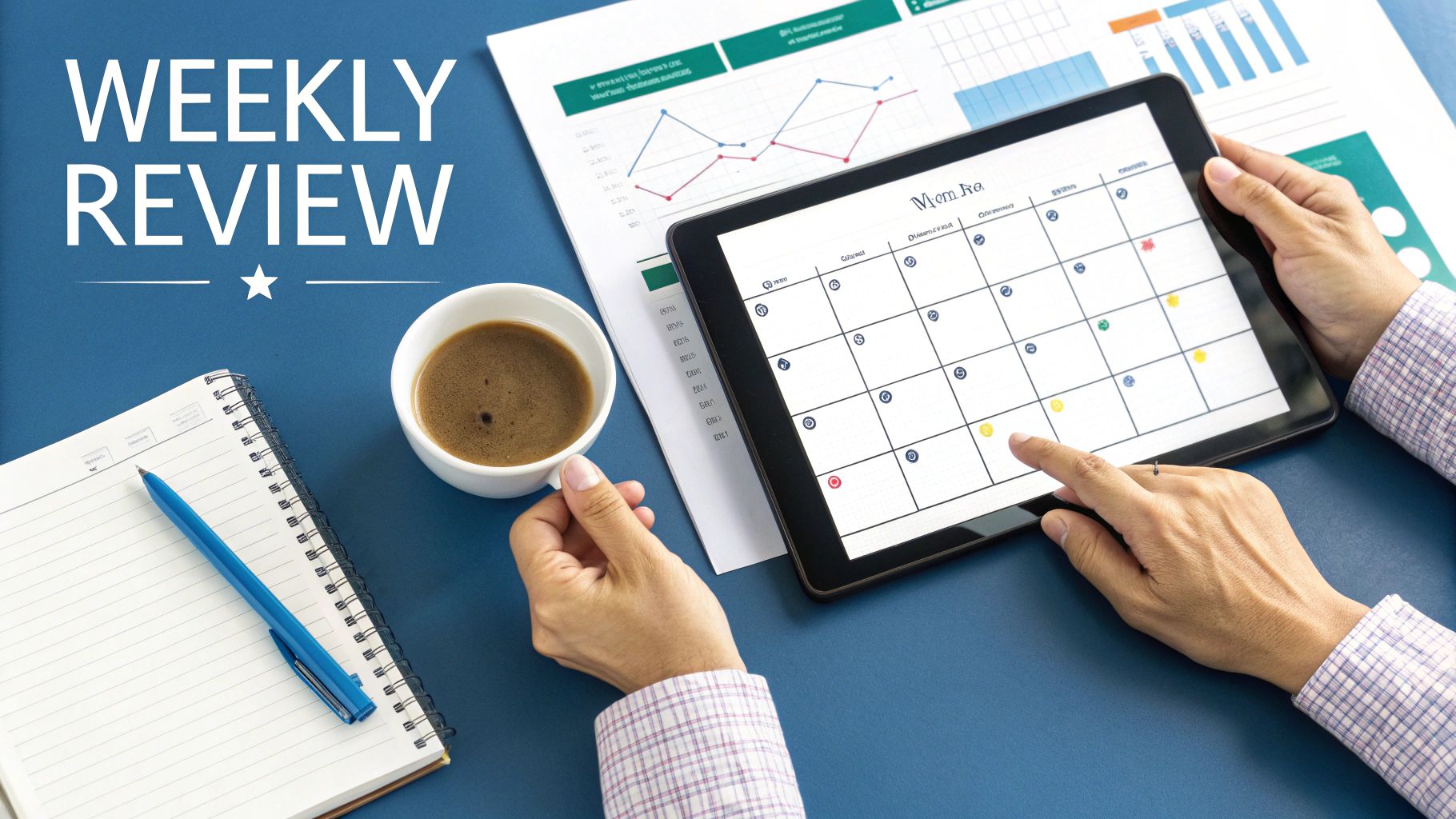 Person reviewing a weekly calendar on a tablet, with coffee, notebook, and charts on a blue desk.