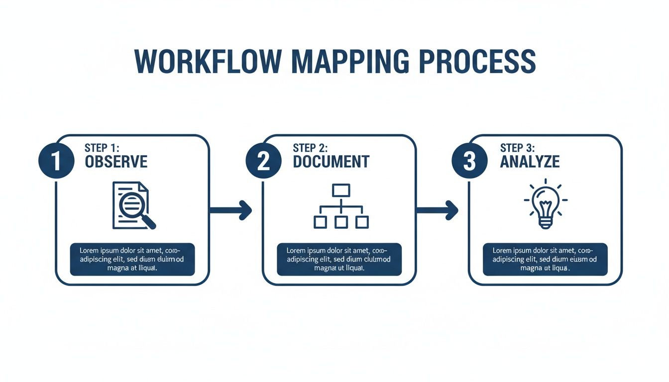 Infographic demonstrating the three-step workflow mapping process: observe, document, and analyze.