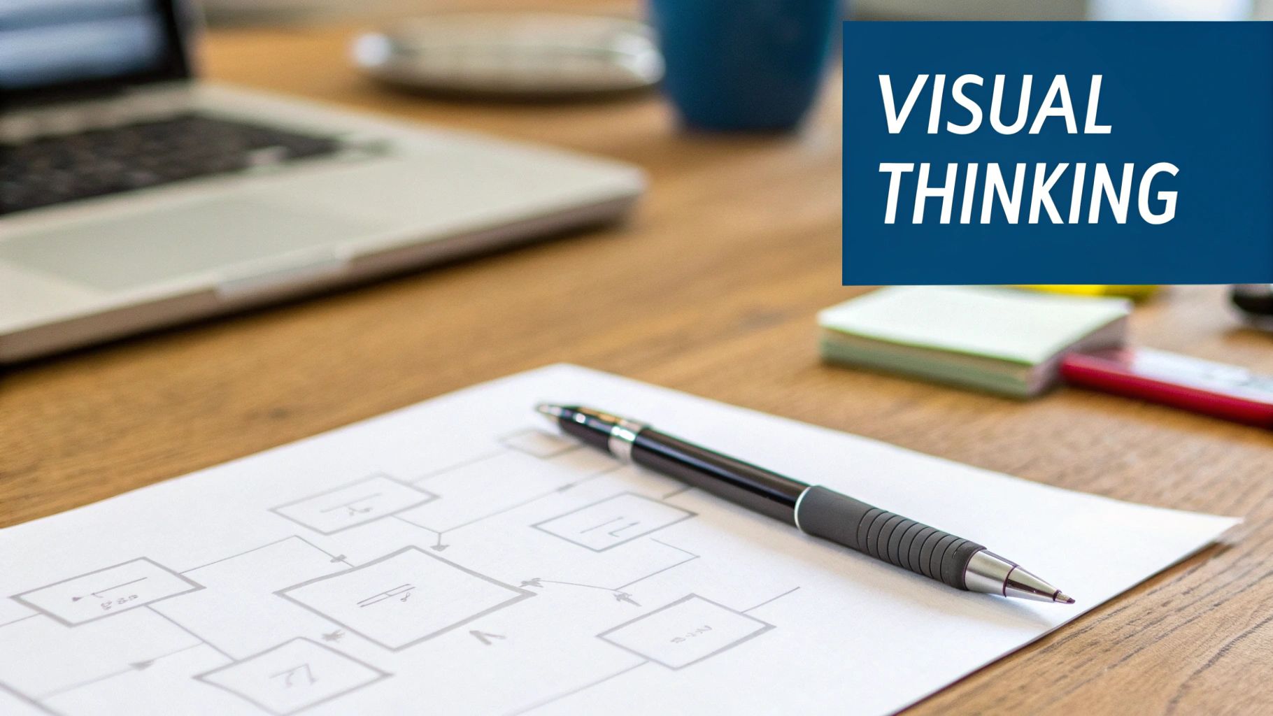 A desk with a laptop, pen, and a visual thinking diagram. Text overlay says 'VISUAL THINKING'.
