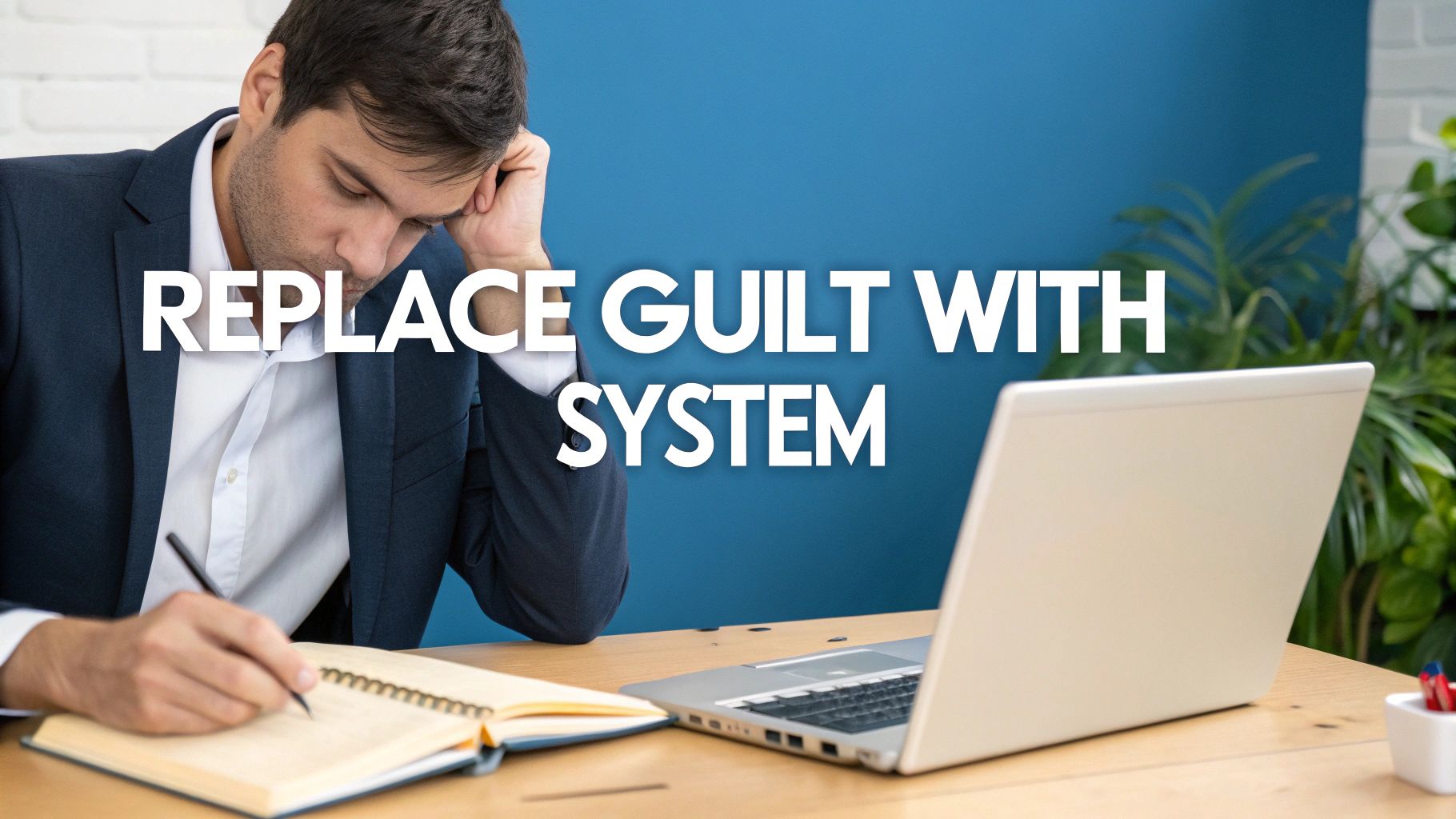 A man looks focused, writing in a notebook at a desk with a laptop, highlighting 'REPLACE GUILT WITH SYSTEM'.