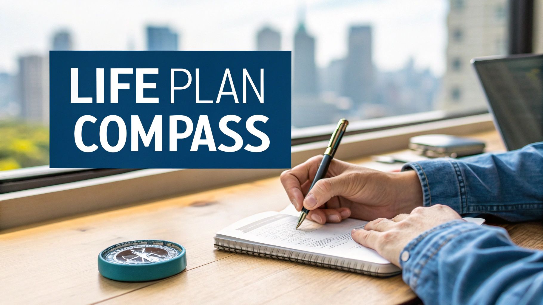 Person writing a life plan in a notebook with a compass on a wooden desk by a window.