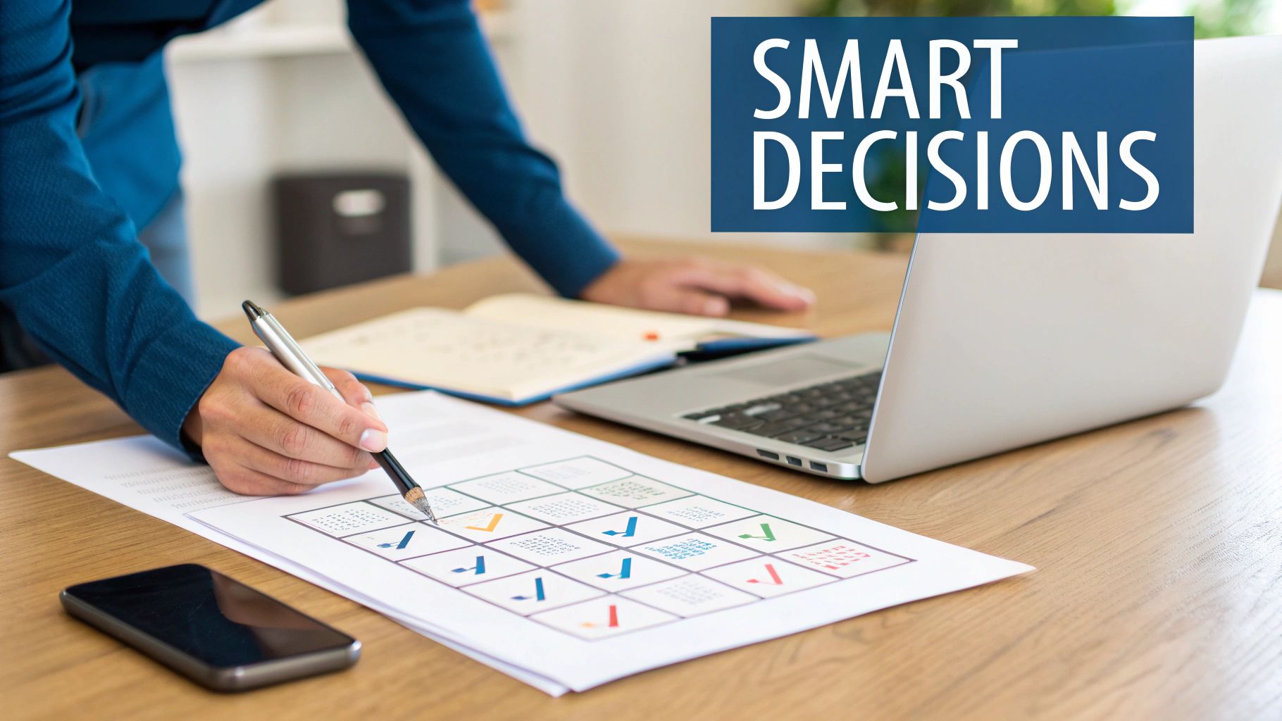 Person marking a checklist for smart decisions, with a laptop and smartphone on a desk.