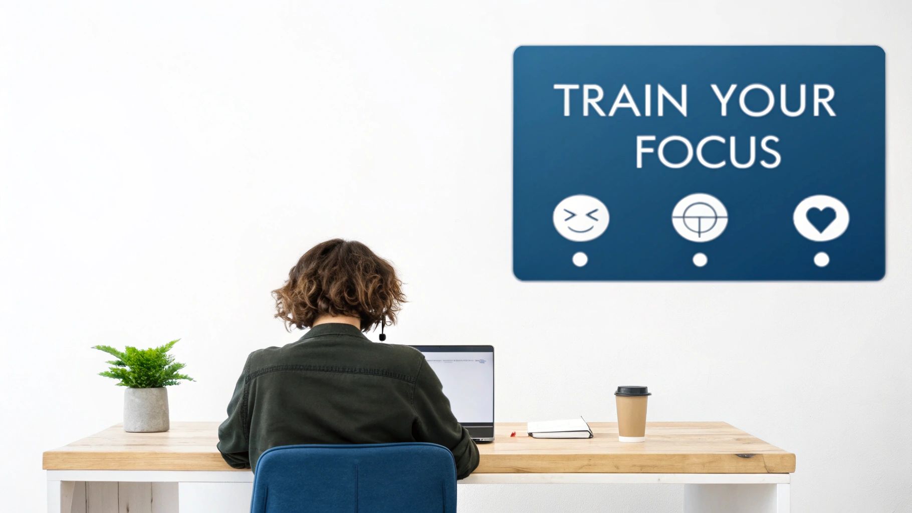 Rear view of person working on laptop at desk, a 'TRAIN YOUR FOCUS' sign on the wall.