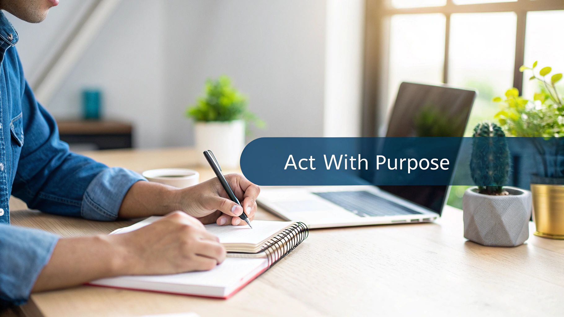 Person writing in a notebook at a bright desk with a laptop and plants, with text 'Act With Purpose'.