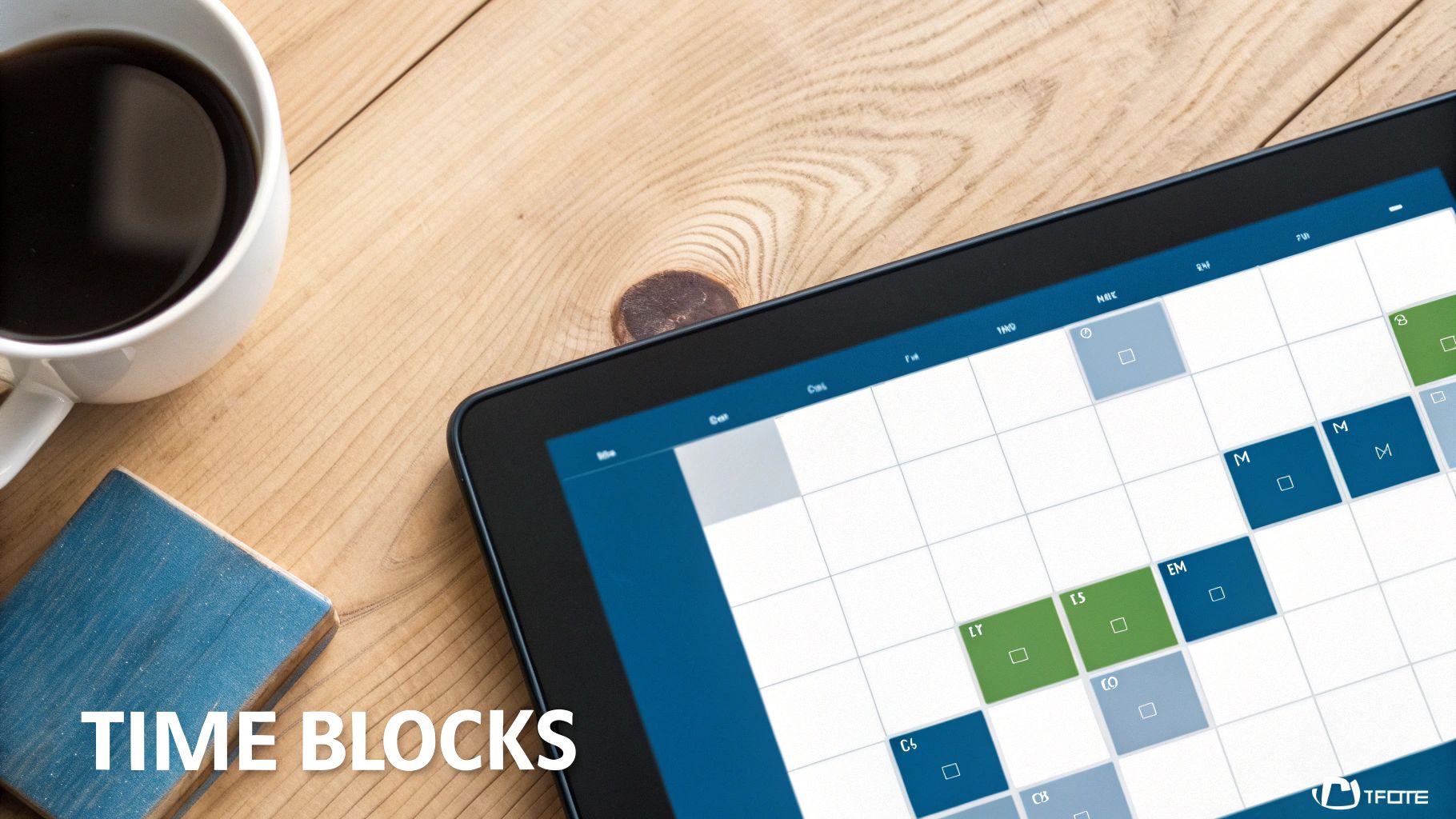 Digital calendar displaying time blocks for project scheduling on tablet with coffee cup