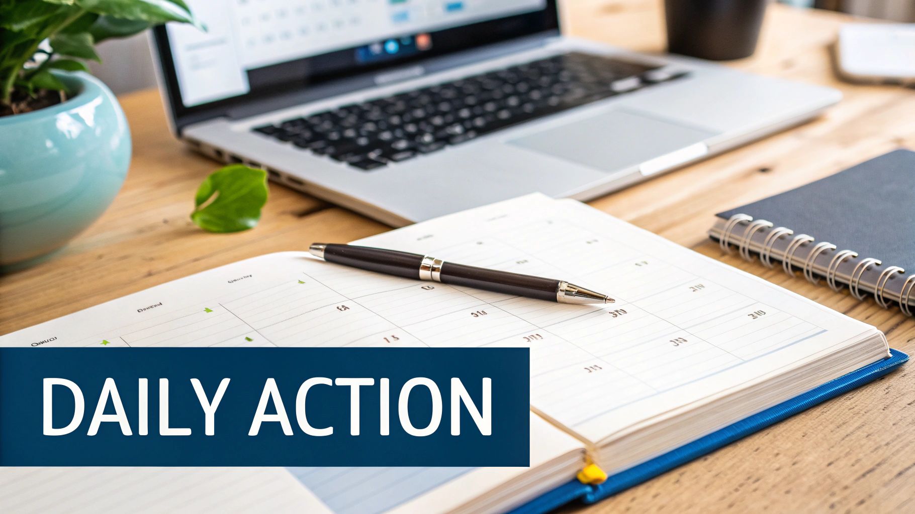 A close-up of a desk with an open planner, pen, laptop, and plant, featuring 'Daily Action' text.