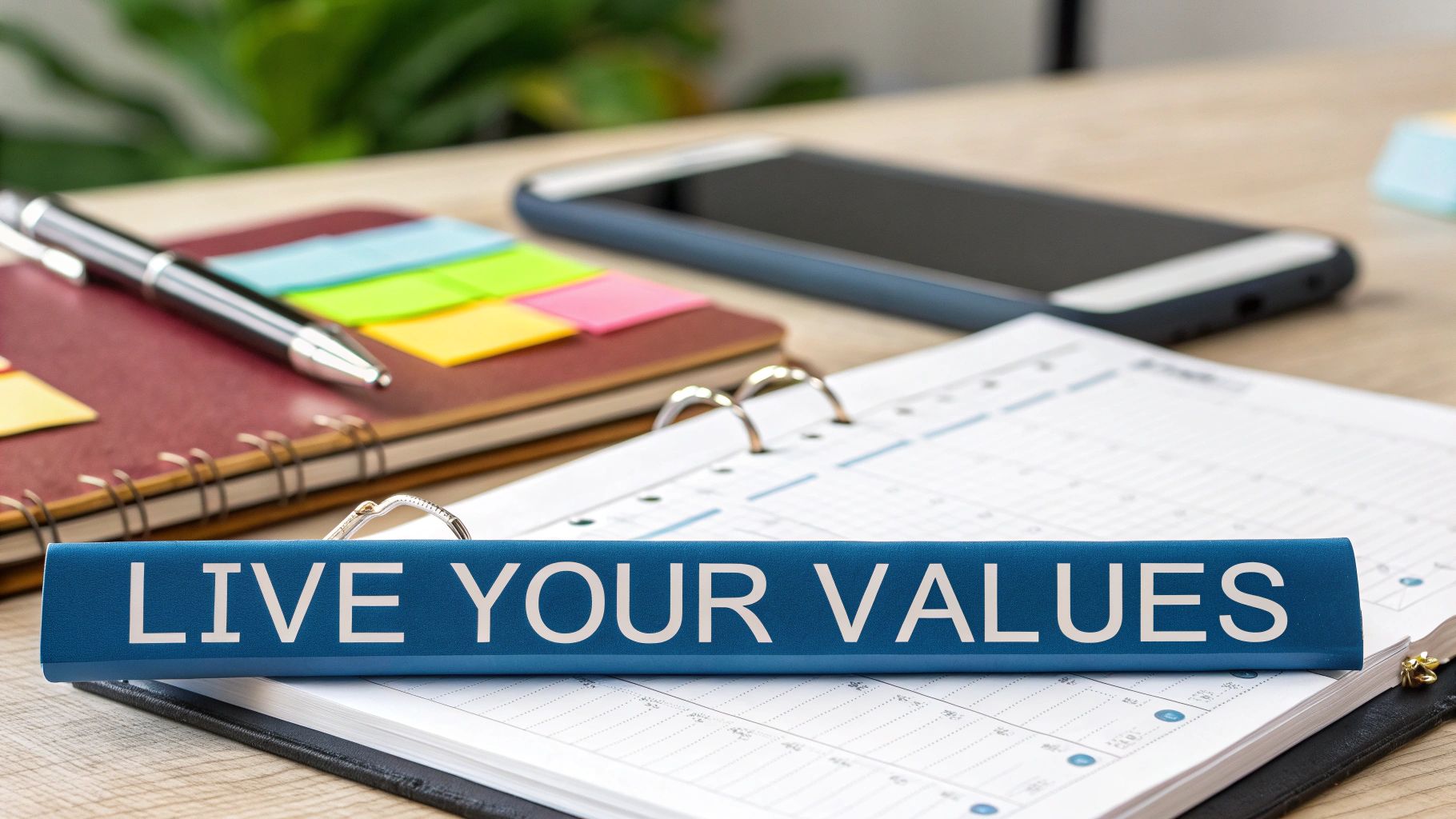 Blue binder labeled Live Your Values on desk with notebooks, smartphone, and colorful sticky notes