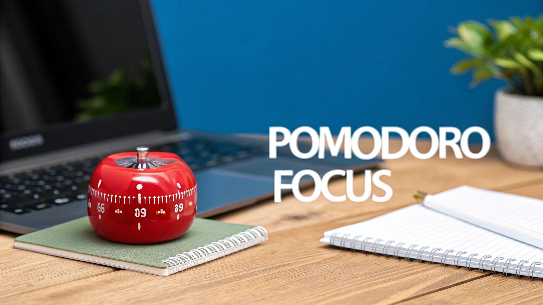 A red apple-shaped Pomodoro timer on a green notebook, a laptop, and 'POMOODORO FOCUS' text.