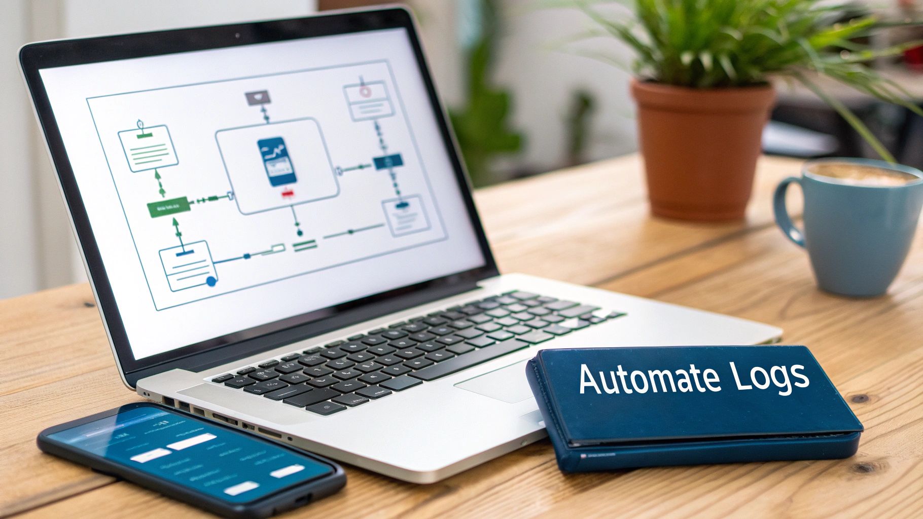 A laptop displaying a software diagram, a smartphone, and a blue case labeled 'Automate Logs' on a wooden desk.