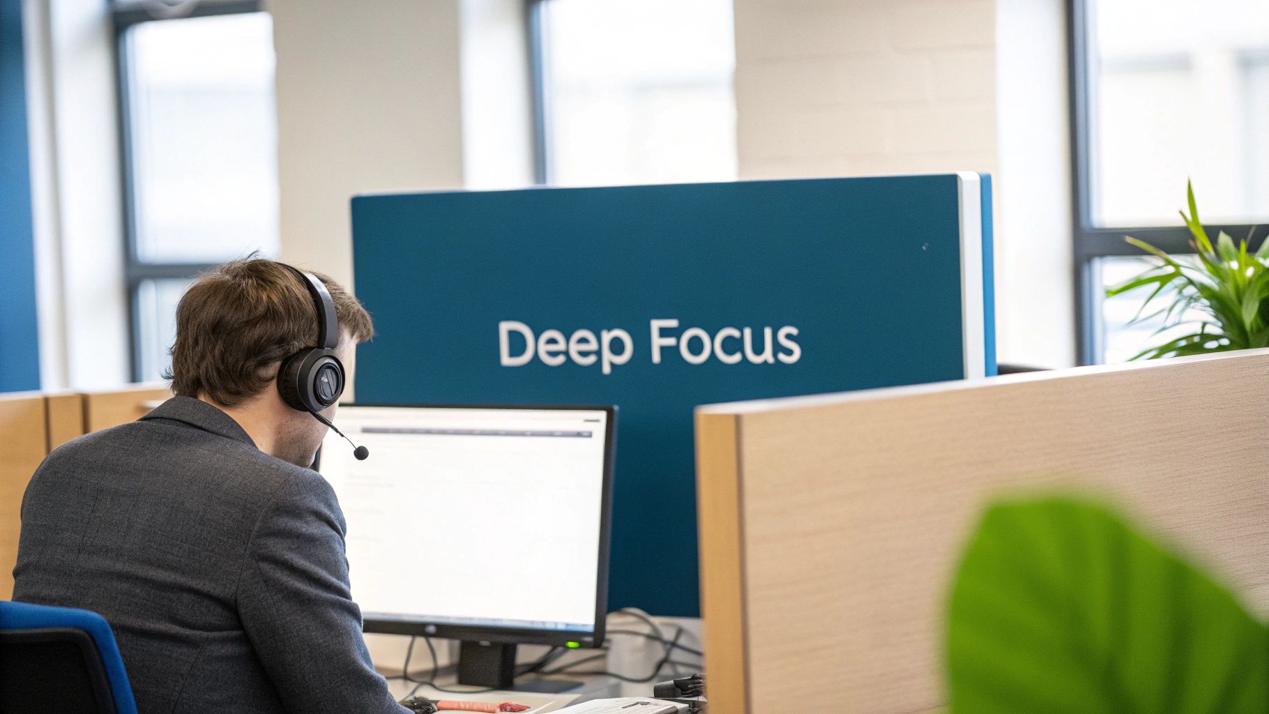 A person with a headset in an office cubicle, focused on their computer screen, with 'Deep Focus' on the divider.