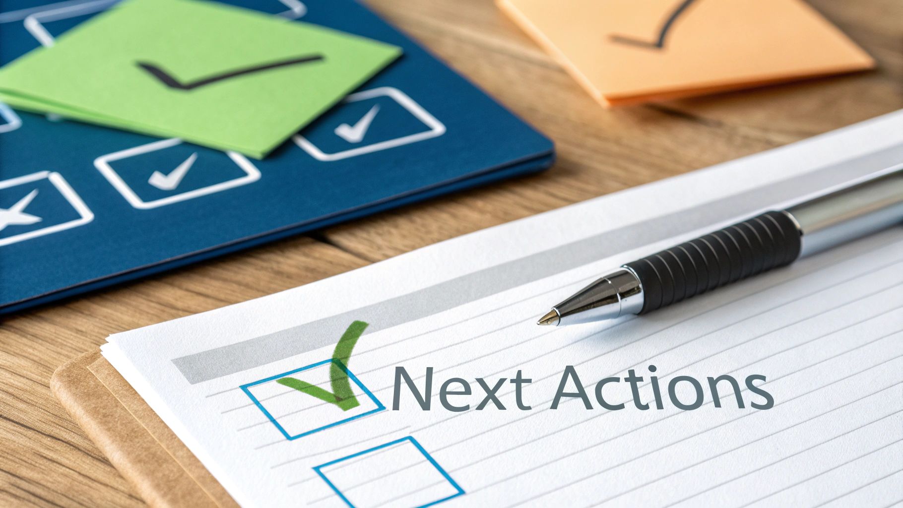 Next actions checklist with pen and sticky notes on wooden desk for project management