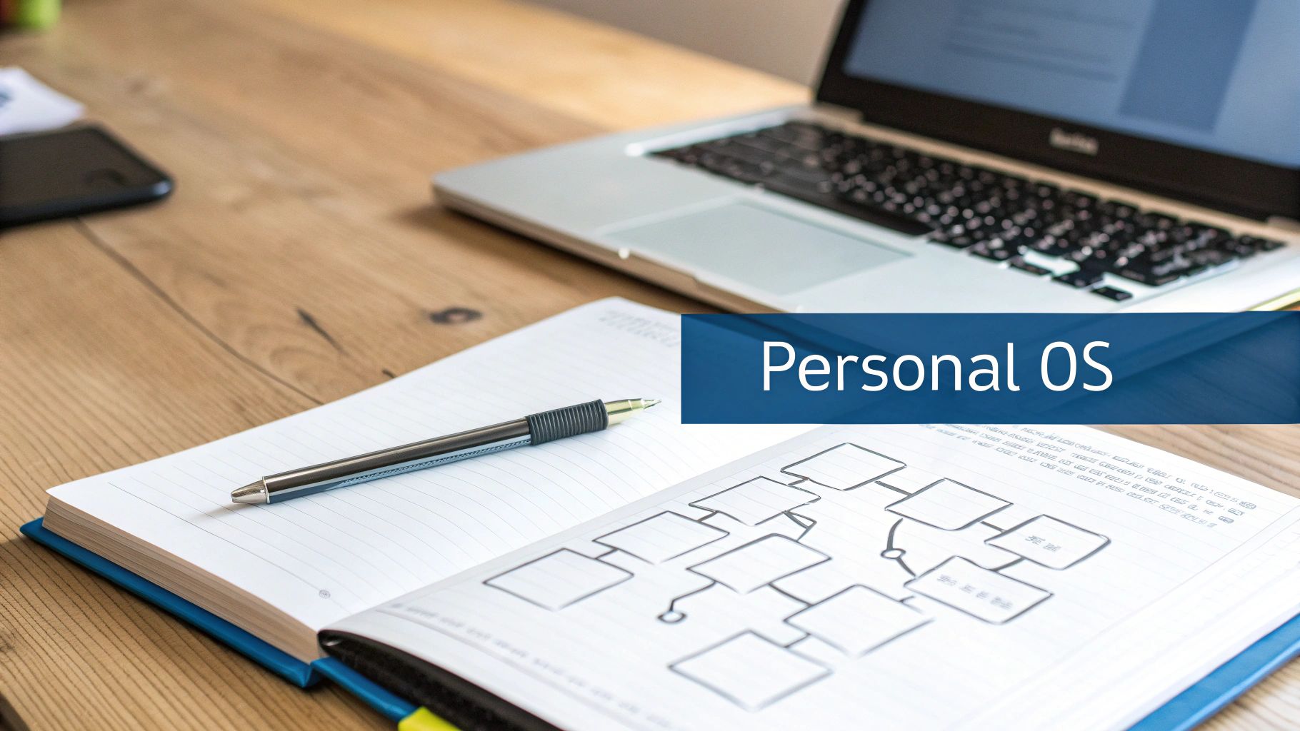 A notebook with a pen, a laptop, and a smartphone on a wooden desk, featuring a 'Personal OS' overlay.