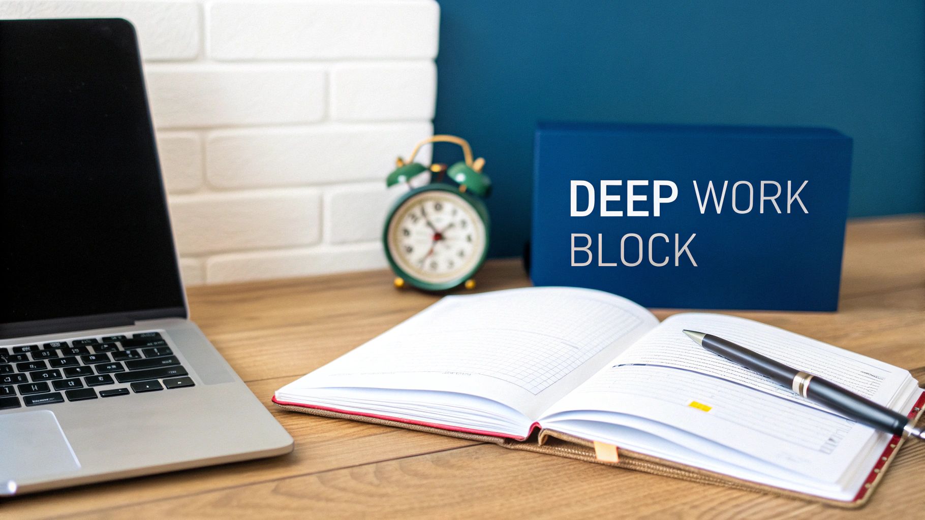 Desk setup for focused work with laptop, notebook, pen, alarm clock, and a 'DEEP WORK BLOCK' sign.
