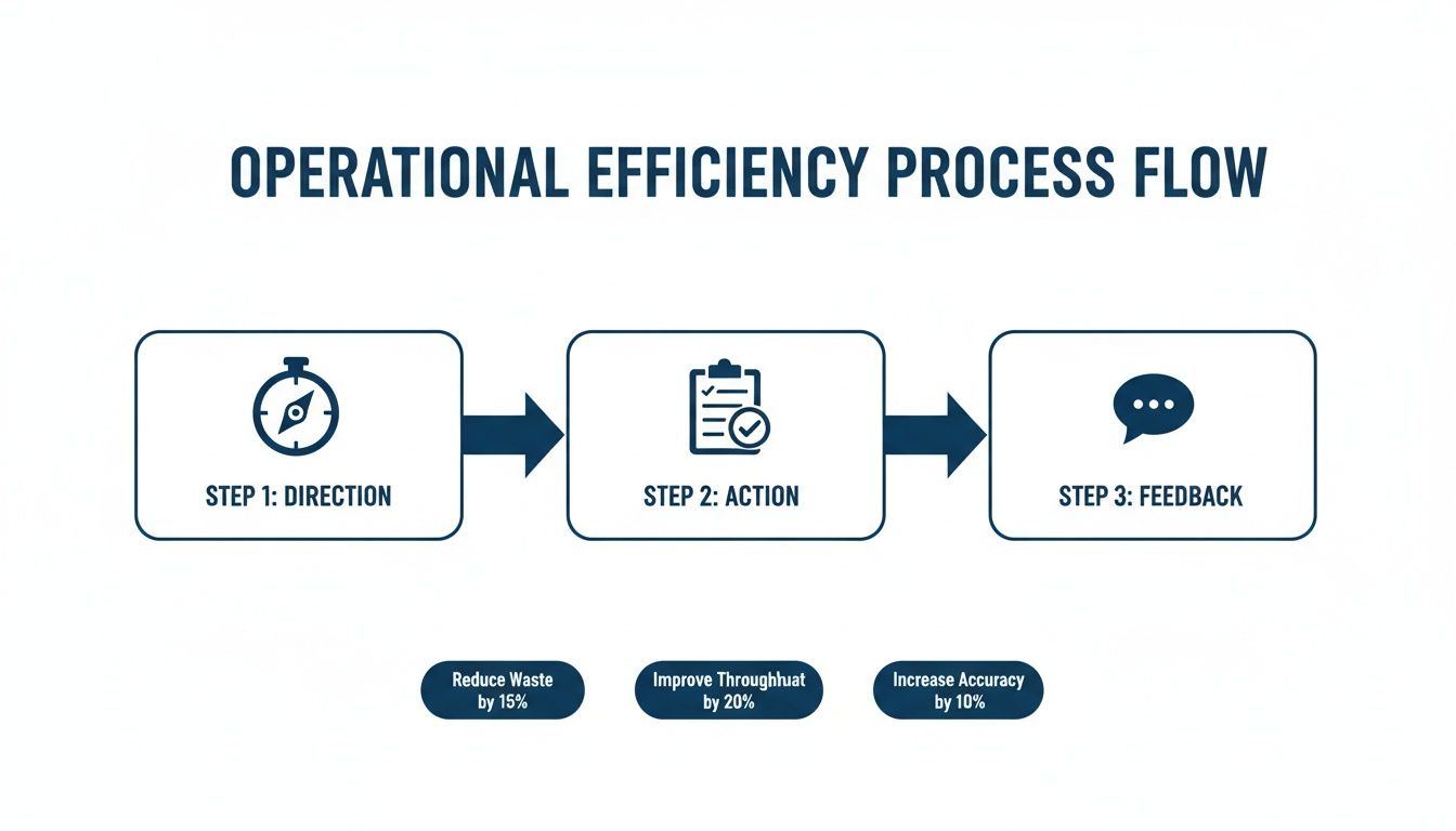 Operational efficiency process flow diagram detailing steps: Direction, Action, and Feedback, with key goals and metrics.