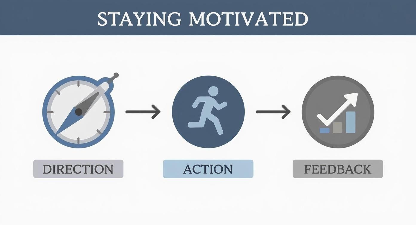 A flowchart illustrating the process of staying motivated: Direction, Action, and Feedback steps.