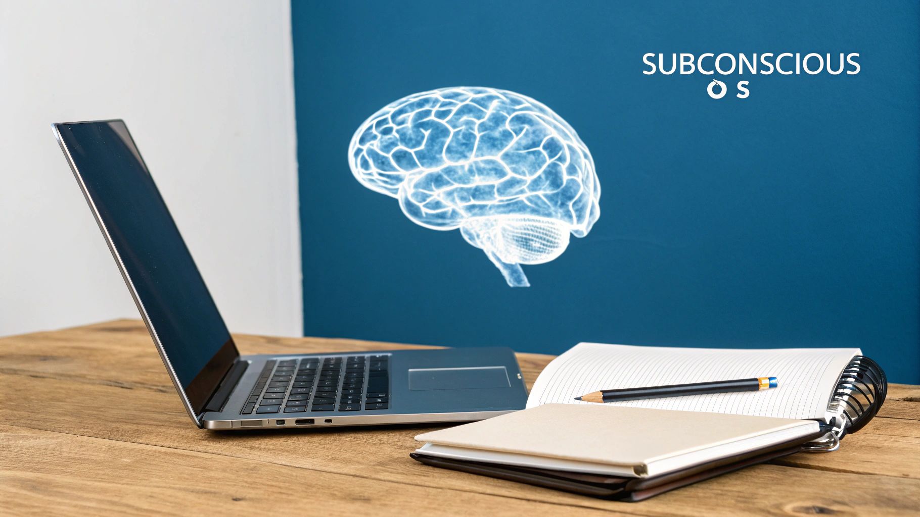 Laptop, notebooks, and pencil on a wooden desk with a brain graphic and 'SUBCONSCIOUS OS' on a blue wall.