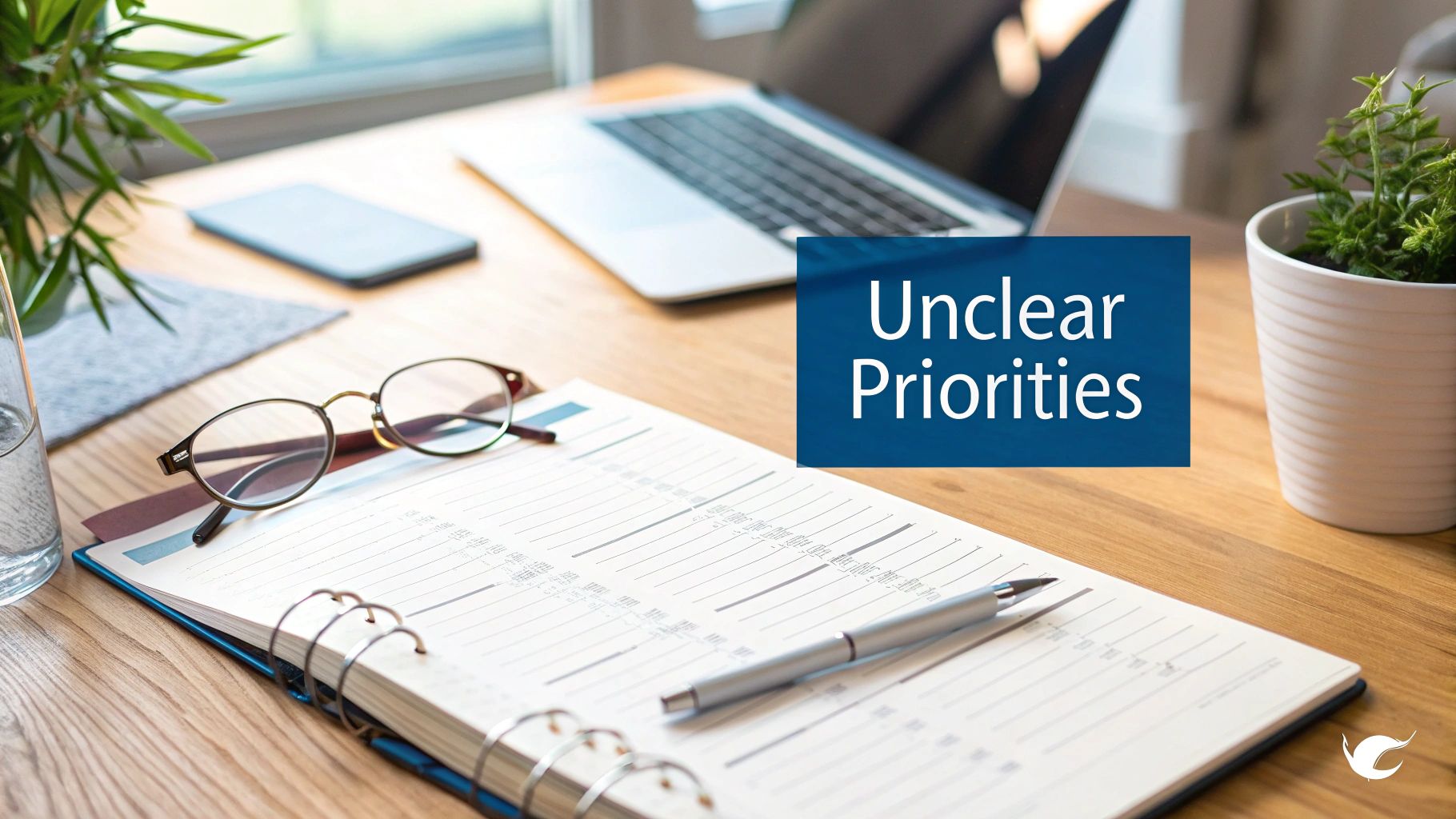 An office desk with a planner, glasses, laptop, and plant, highlighting 'Unclear Priorities' text.