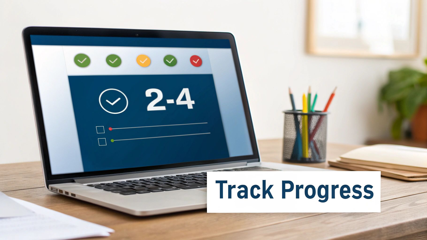 A person using a laptop and a notebook to track progress, symbolizing an action and tracking system.