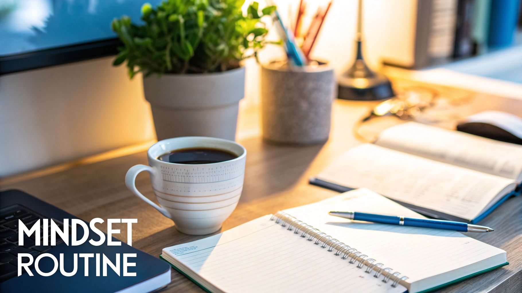 A person journaling at a desk with a cup of coffee, symbolizing routine and reflection.