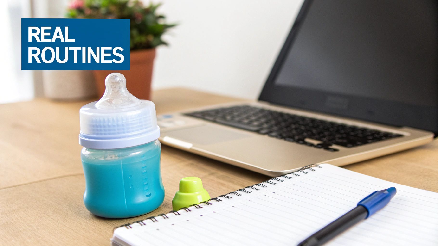 A home office desk with a baby bottle, notebook, laptop, and plant, featuring 'REAL ROUTINES' text.