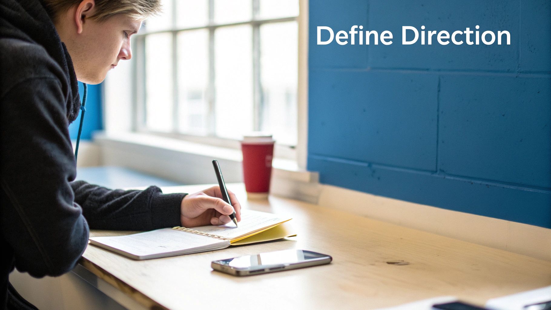 A person in a black hoodie diligently writes in a notebook, focused on a task at a wooden desk.