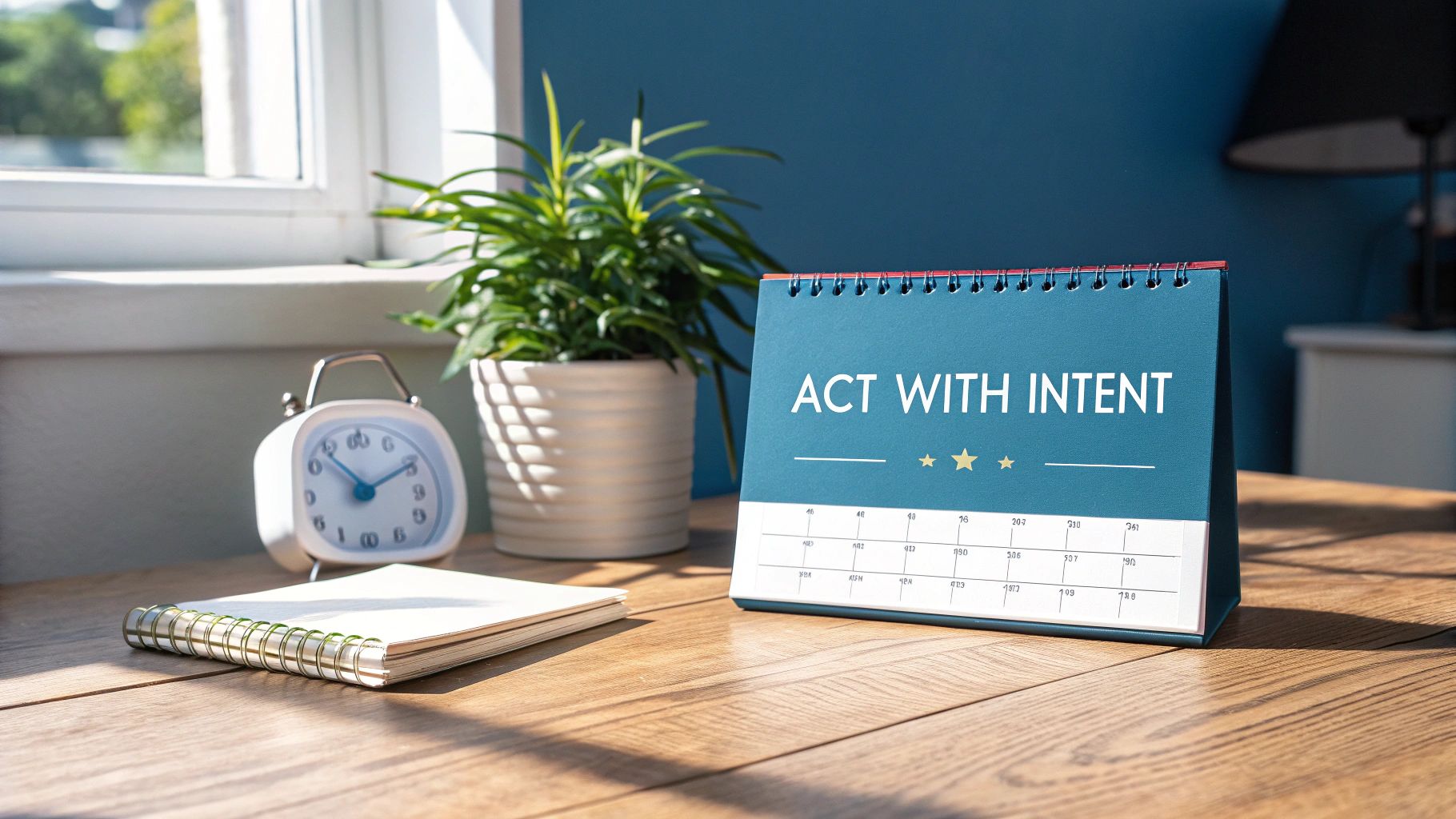 Motivational desk setup with 'ACT WITH INTENT' calendar, clock, plant, and notebook in bright natural light.