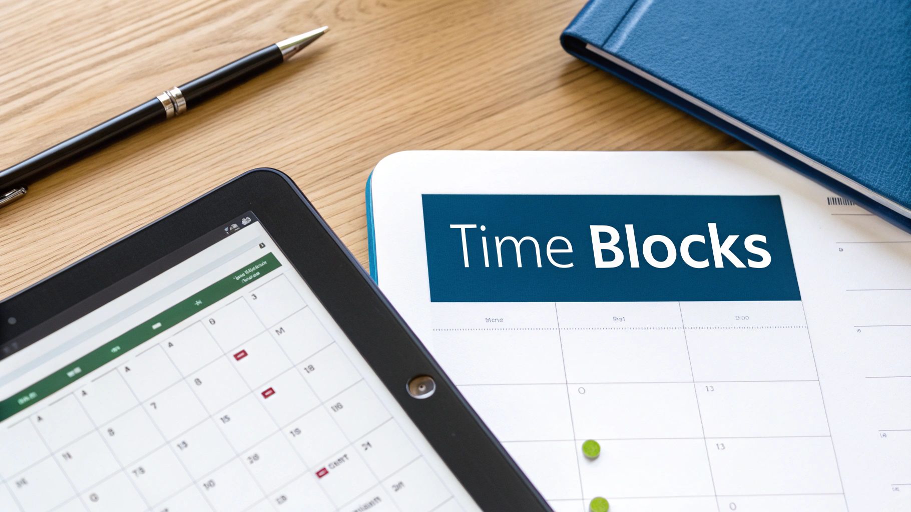 Time management tools like a tablet calendar and a 'Time Blocks' notebook on a wooden desk.