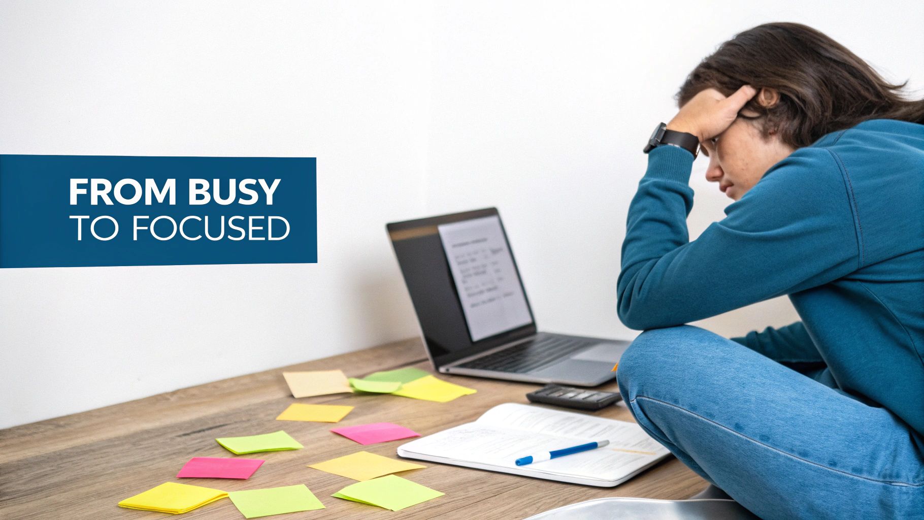 A person looking overwhelmed with work, surrounded by sticky notes, a laptop, and text "FROM BUSY TO FOCUSED".