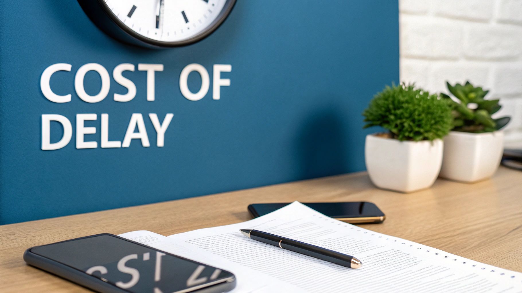 Desk with document, pen, phones, and plants, against a blue wall with 'COST OF DELAY' text.