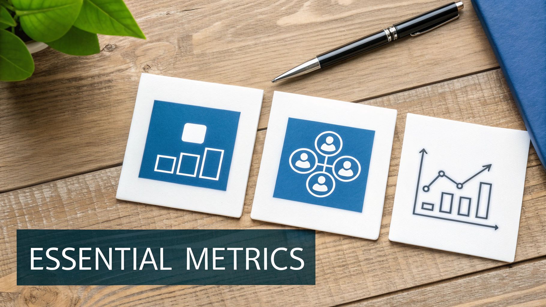Three cards with business metrics icons including charts and a network, on a wooden desk, with 'ESSENTIAL METRICS' text.